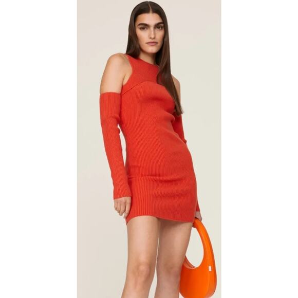 Herve Leger Dresses & Skirts - Herve By Herve Leger Orange Ribbed Knit Long Sleeve Cold Shoulder Mini Dress L